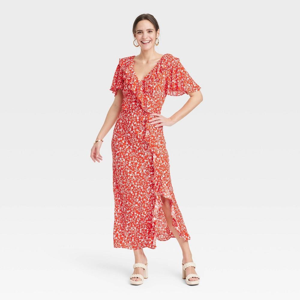 Womens Ruffle Short Sleeve Maxi Dress - A New Day Red Floral XS Product Image