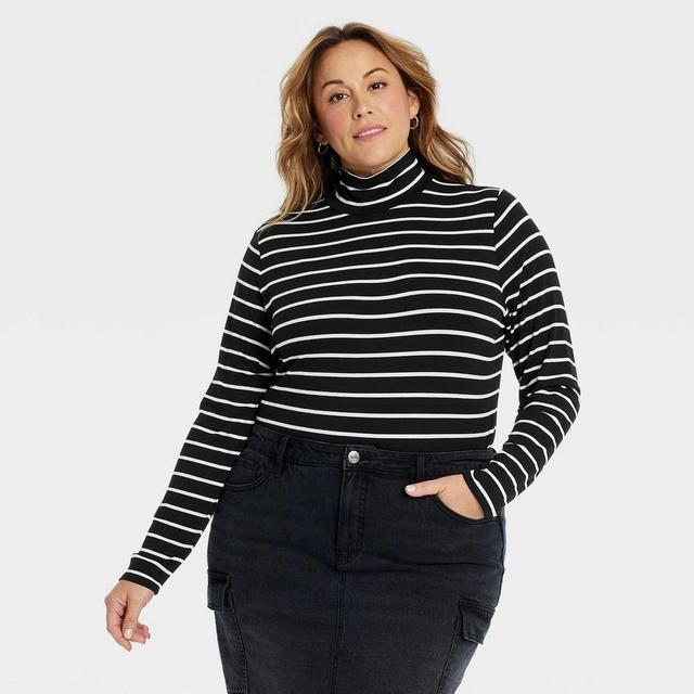 Womens Slim Fit Long Sleeve Turtleneck T-Shirt - Ava & Viv Black Striped 3X Product Image