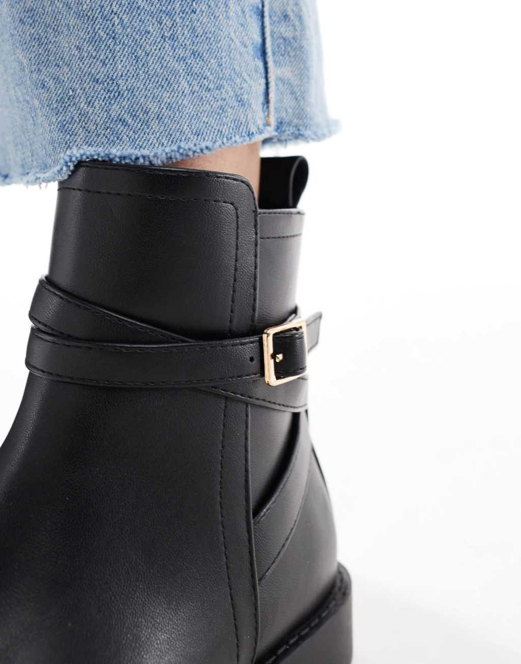 ASOS DESIGN Aria flat chelsea boots with buckle detail in black Product Image