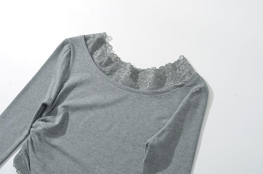 Long-Sleeve Cowl Neck Plain Lace Trim Tee Product Image