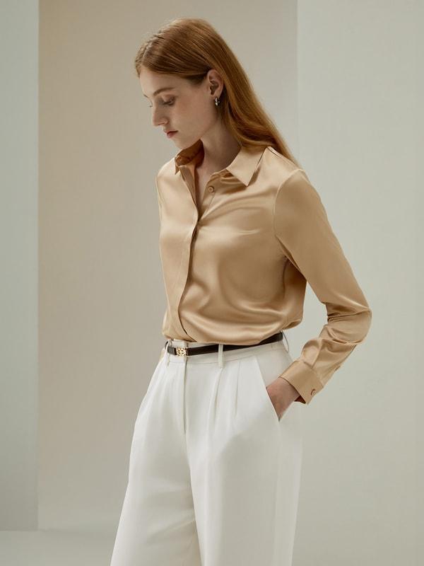 Basic Concealed Placket Silk Shirt Product Image