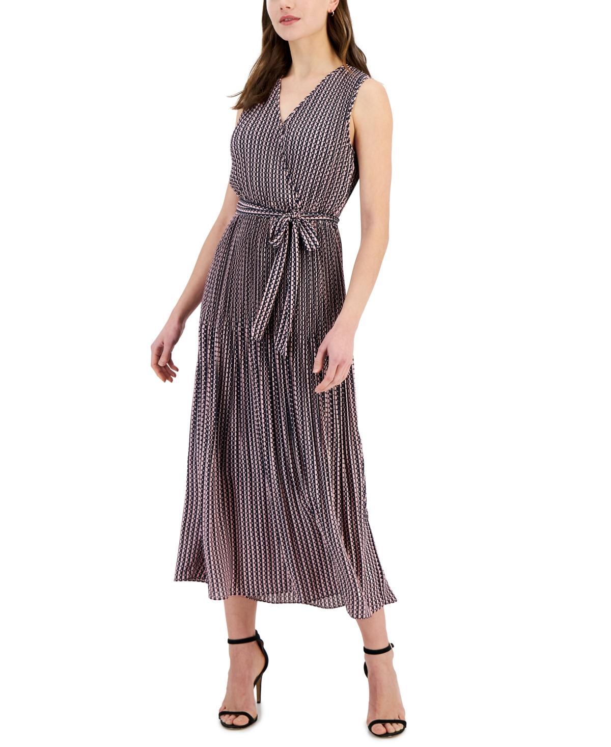 T Tahari Womens Printed Faux-Wrap Sleeveless Pleated Fit & Flare Midi Dress Product Image