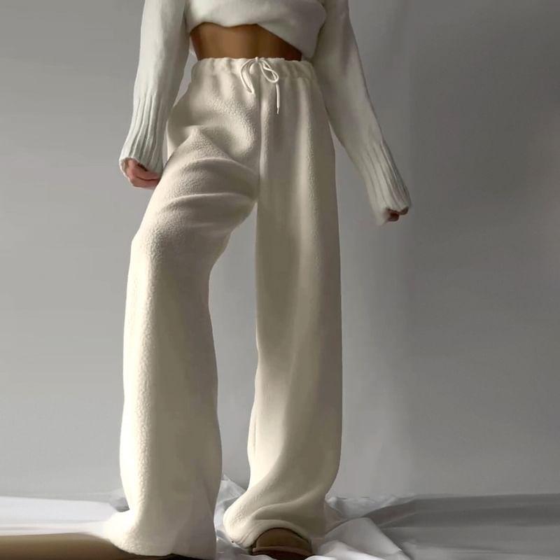 Drawstring Waist Plain Fleece Wide Leg Sweatpants Product Image