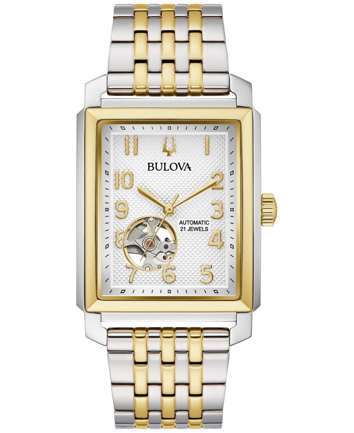 Men's Bulova Sutton Two-Tone Watch with Rectangular White Dial and Skeleton Heart (Model: 98A308) Product Image