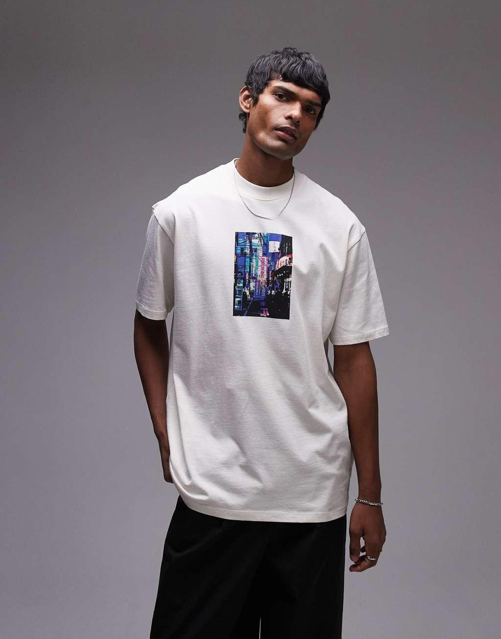 Topman oversized fit t-shirt with Tokyo street print in washed stone Product Image