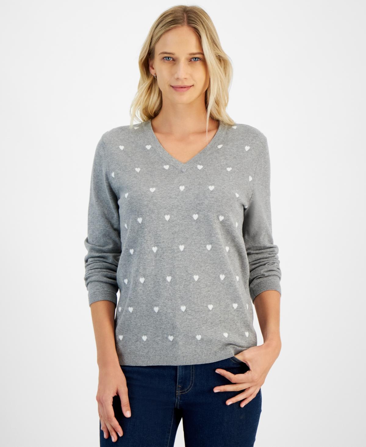 Tommy Hilfiger Womens Heart Print V-Neck Long-Sleeve Cotton Sweater Product Image