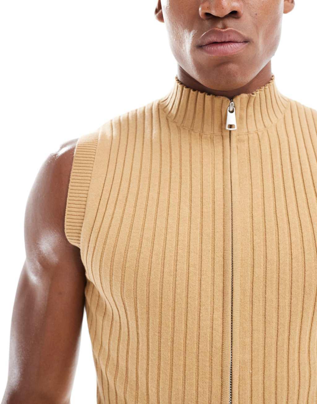 ASOS DESIGN muscle fit knit sleeveless zip up in tan rib Product Image