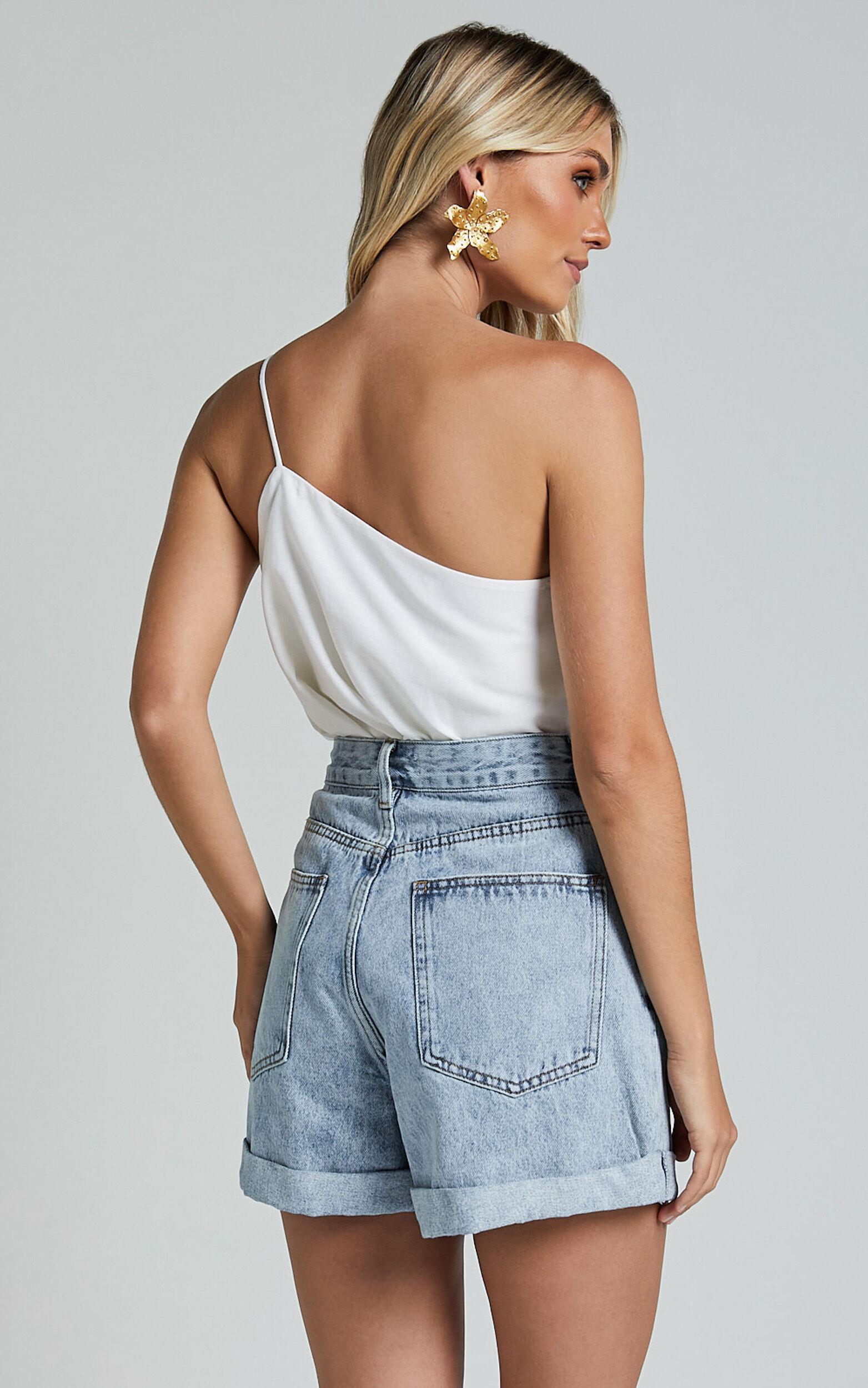 Amalie The Label - Jaylin Recycled Cotton High Waisted Denim Shorts in Light Blue Wash Product Image