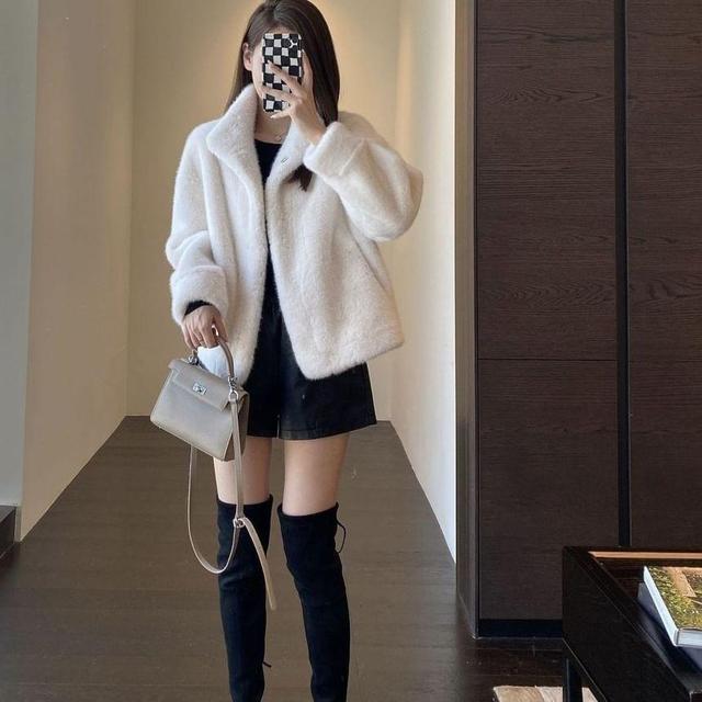 Long Sleeve Faux Fur Button-Up Jacket Product Image