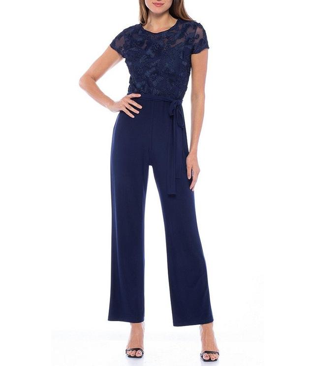 Marina Short Sleeve Crew Neck Tie Waist Jumpsuit Product Image