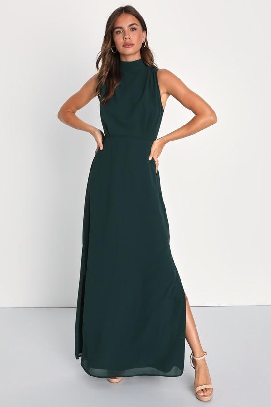 Classic Elegance Emerald Chiffon Sleeveless Mock Neck Maxi Dress Product Image