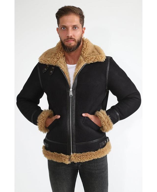 Mens Shearling Aviator Jacket, Washed Brown with Ginger Curly Wool Product Image