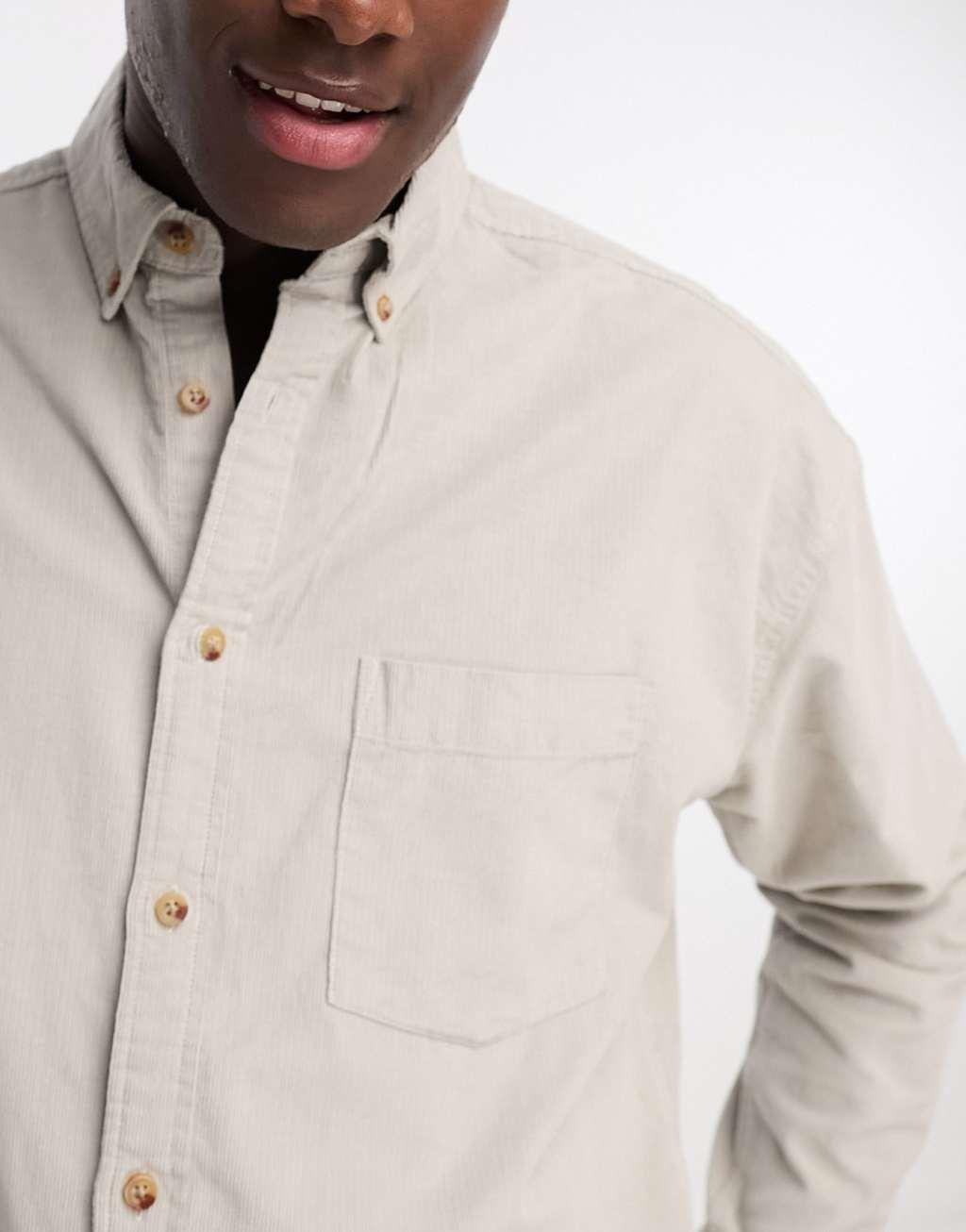 ASOS DESIGN oversized cord shirt in stone gray Product Image