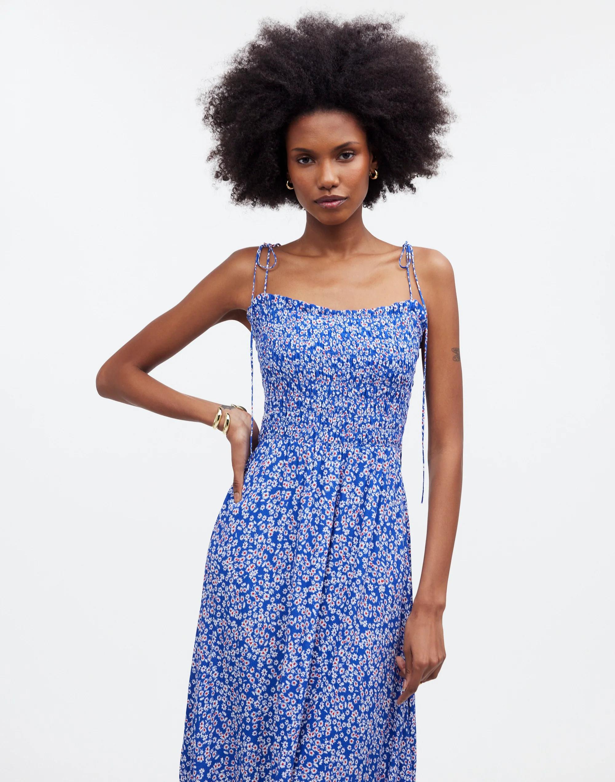 Smocked Tie-Strap Midi Dress in Floral Product Image