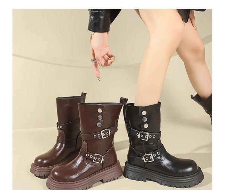 Platform Plain Buckled Mid Calf Boots Product Image