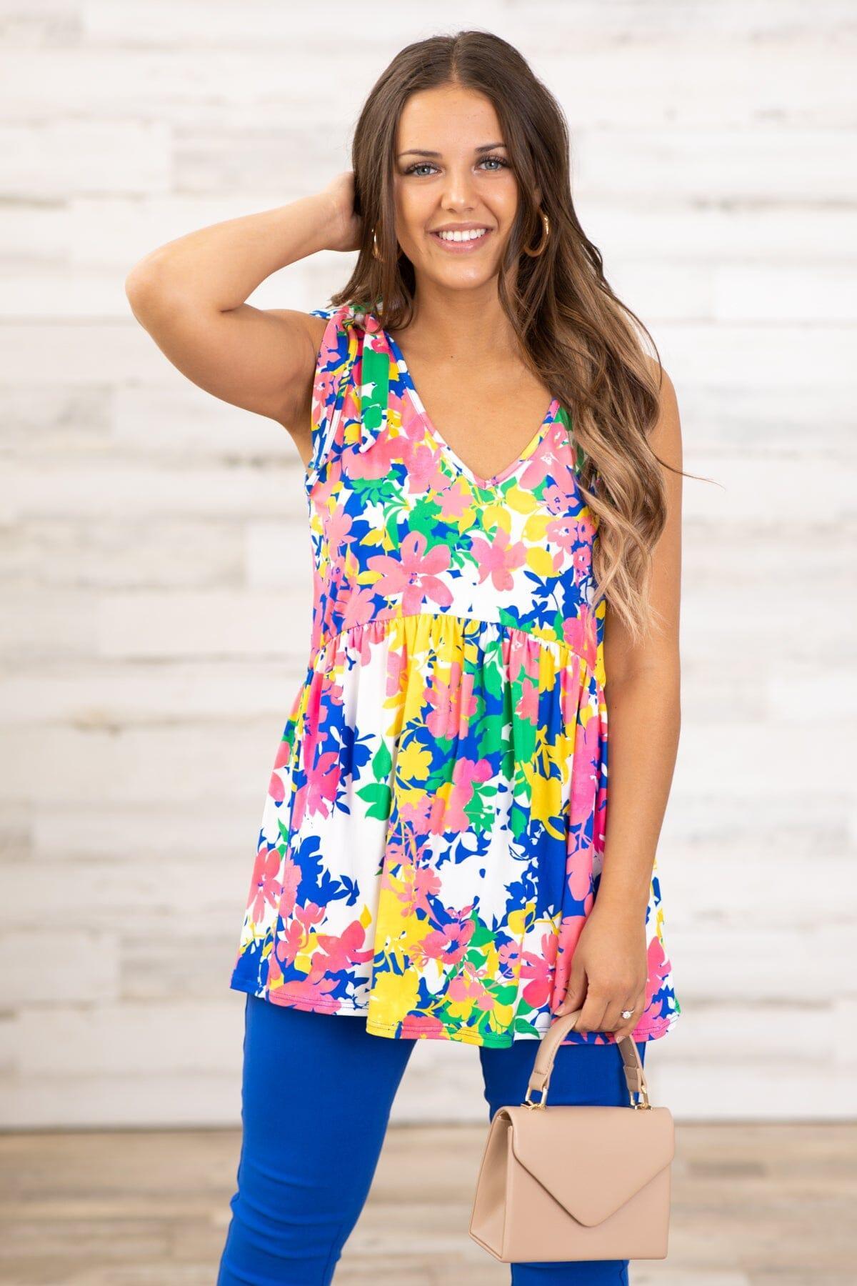 Pink and Cobalt Multicolor Floral Babydoll Top Product Image