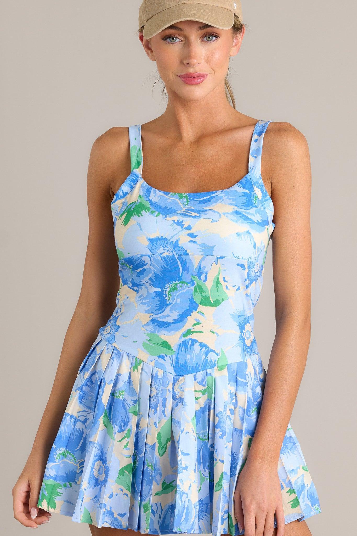 Garden Party Blue Floral Pleated Tennis Dress Product Image