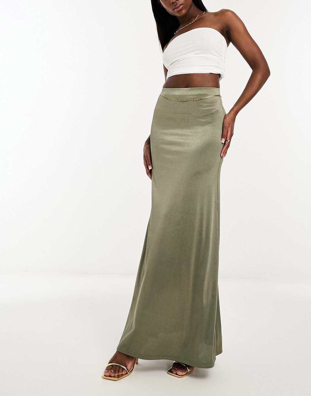 ASOS DESIGN satin twill maxi skirt in olive product image