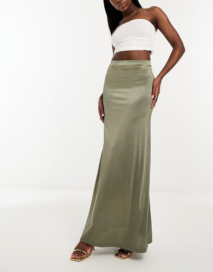 ASOS DESIGN satin twill maxi skirt in olive Product Image