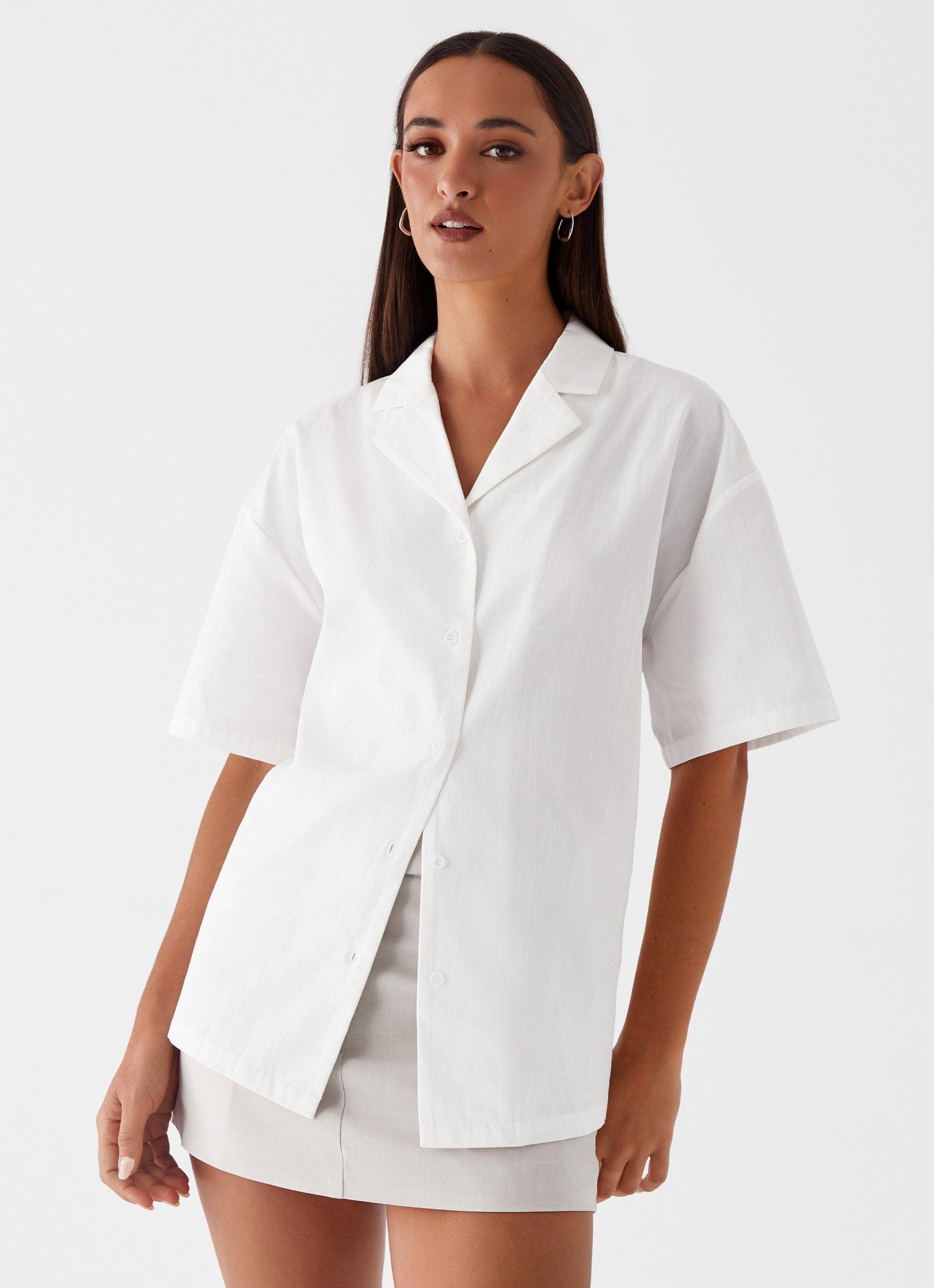 Hadley Open Back Short Sleeve Shirt - White Product Image