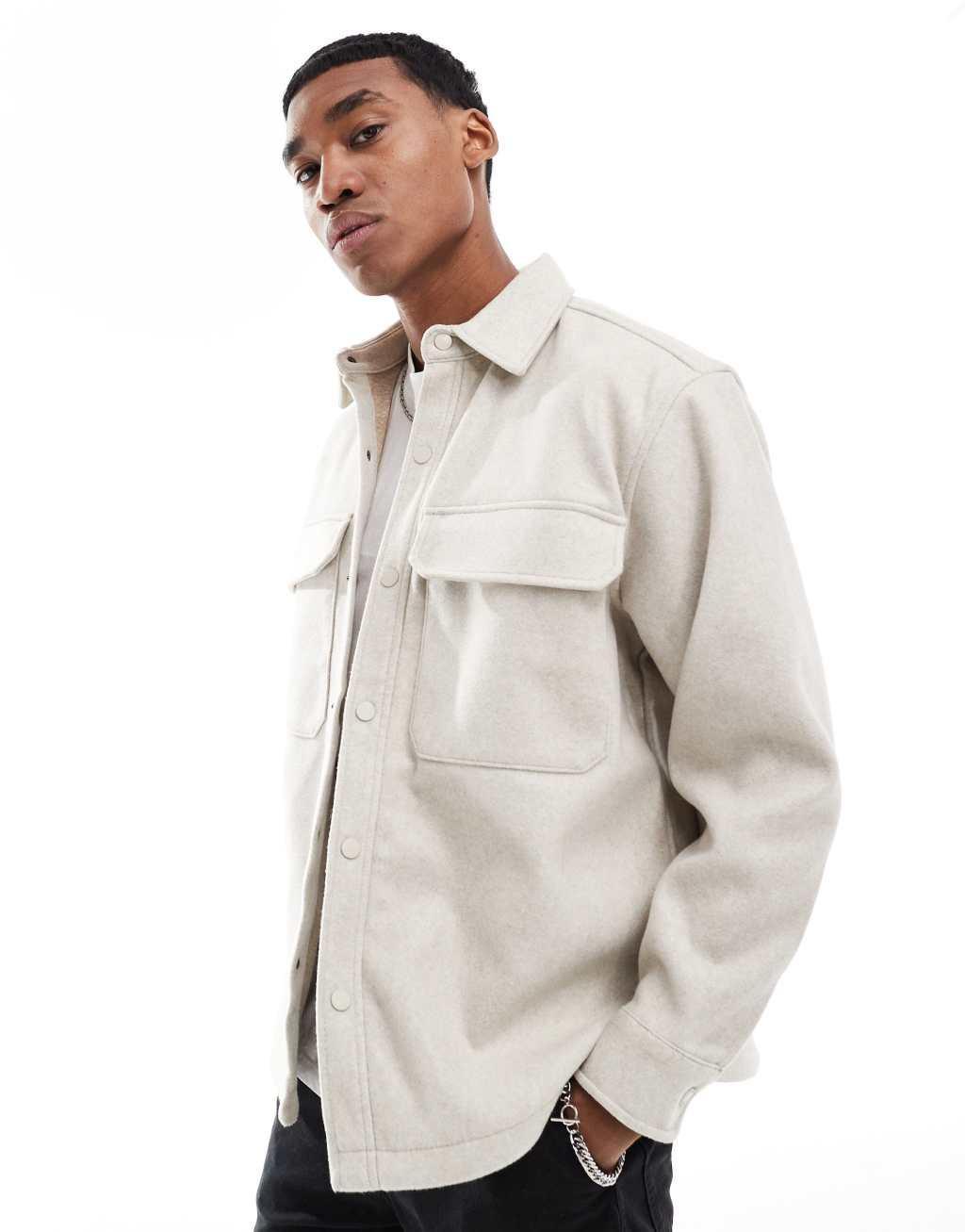 Pull&Bear double pocket shacket in ecru Product Image