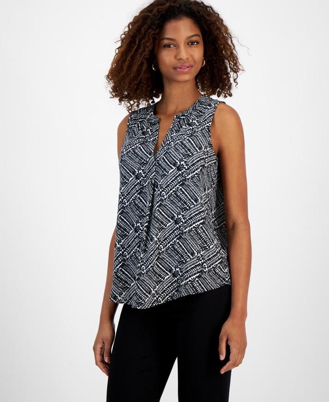 T Tahari Womens Printed Split-Neck Sleeveless Top Product Image