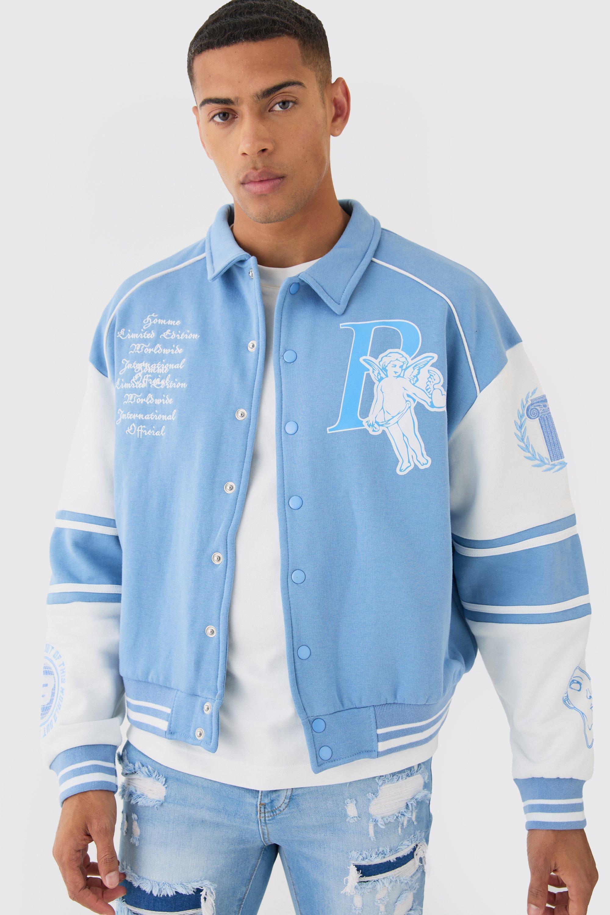 Boxy 13 Applique Jersey Varsity Harrington Jacket | boohooMAN USA Product Image