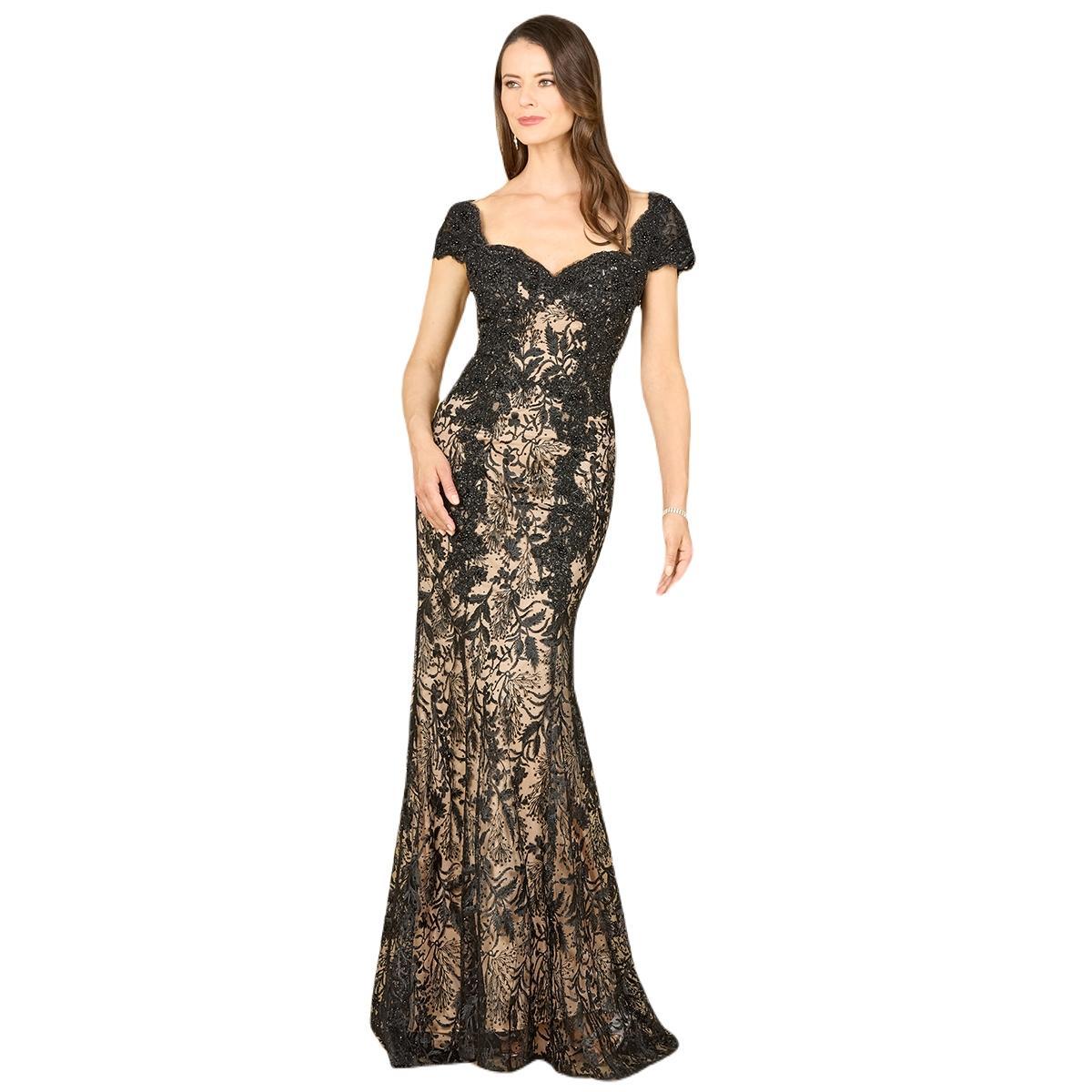 Lara Womens Long Bell Sleeve V-Neck Beaded Gown - Black Product Image