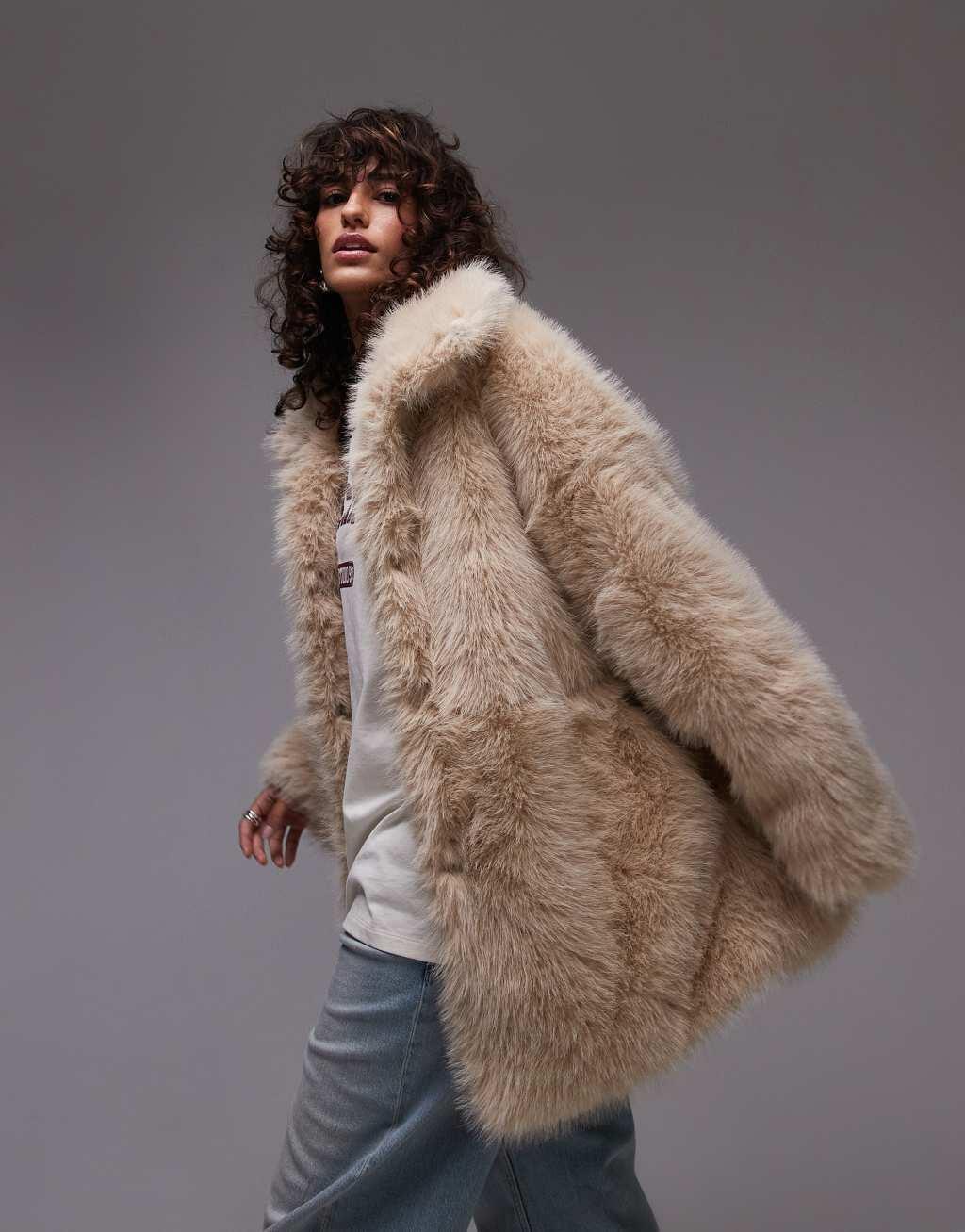 Topshop faux fur funnel midi coat in honey Product Image