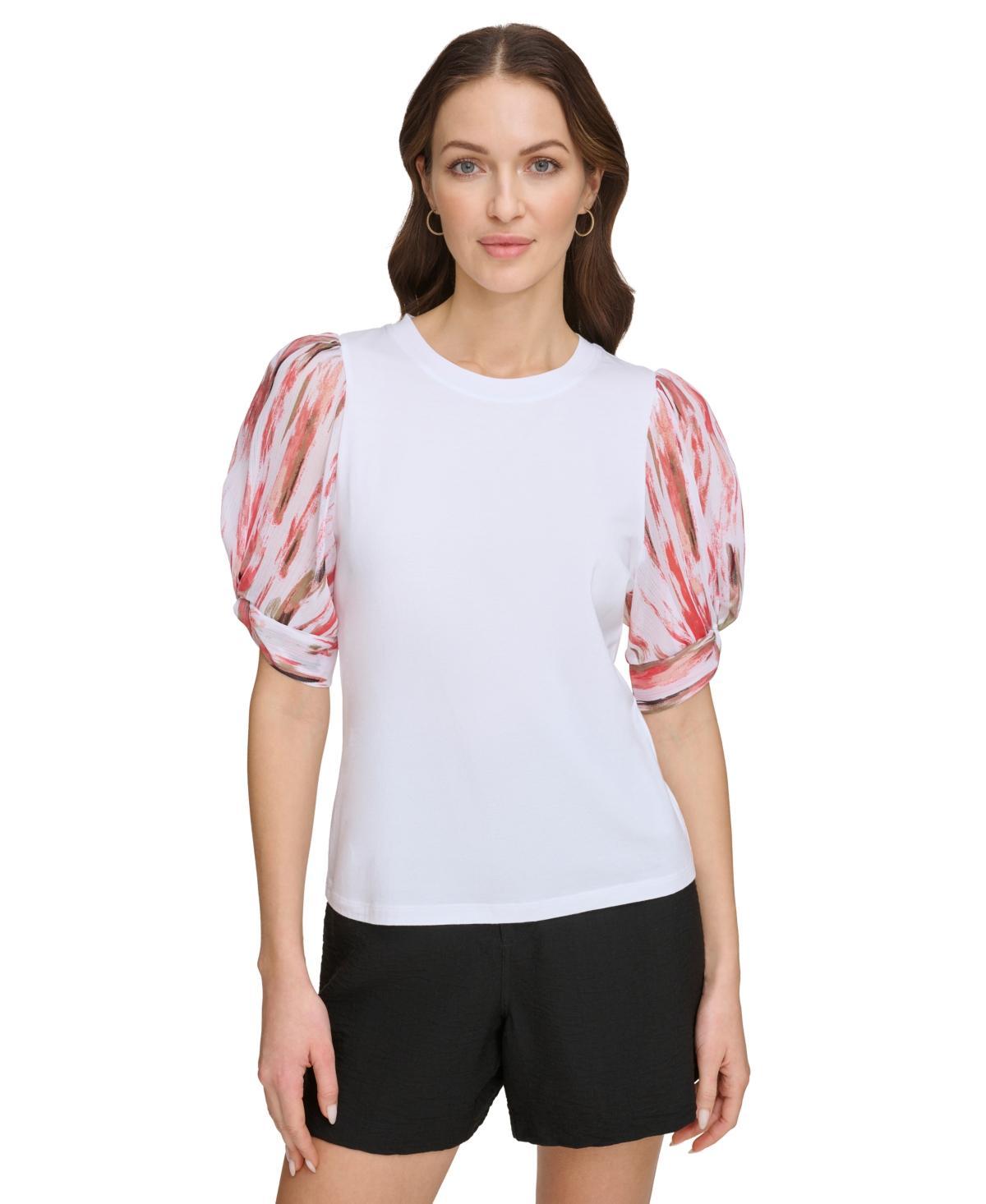 Dkny Womens Printed-Chiffon-Sleeve Crewneck Knit Top - Wht Product Image