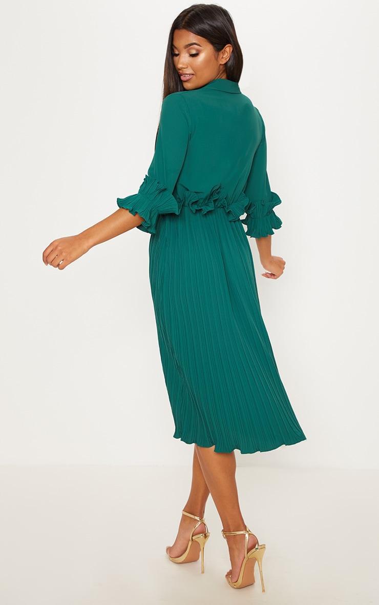 Emerald Green Frill Detail Pleated Midi Dress Product Image