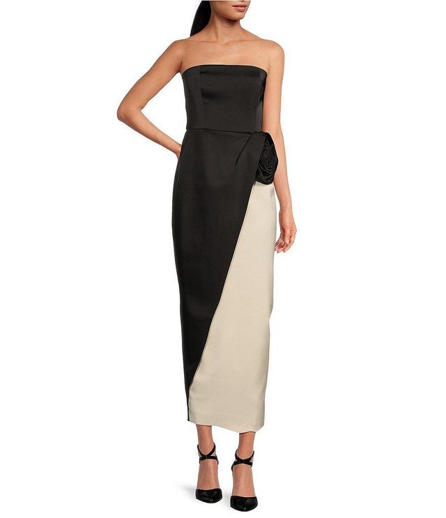 RONNY KOBO Pradova Satin Crepe Asymmetrical Color Block Rosette Strapless Sheath Midi Dress Product Image