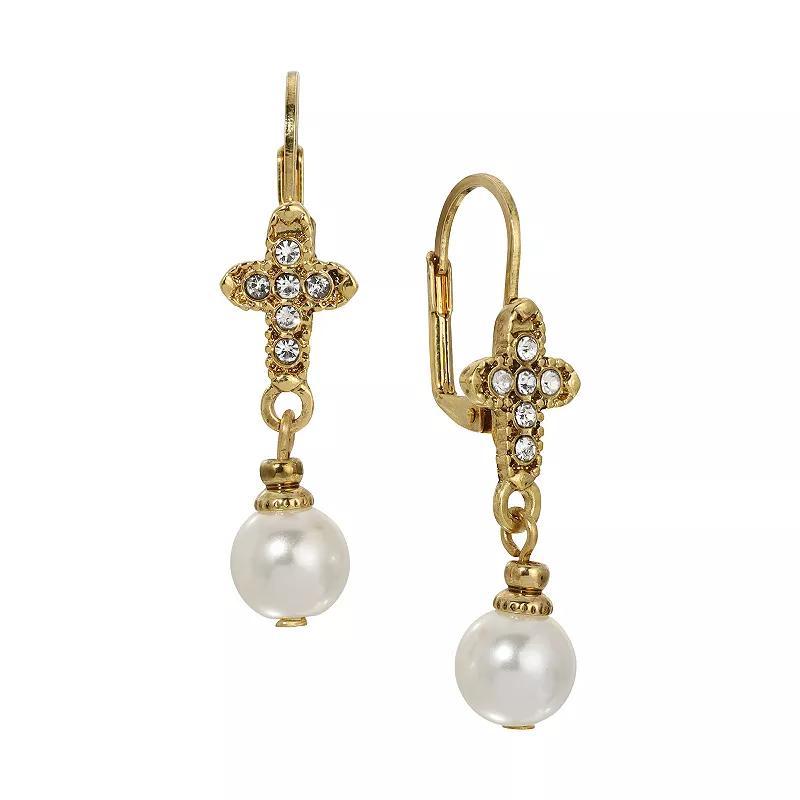 Symbols of Faith Gold Tone Crystal & Simulated Pearl Cross Drop Earrings, Womens, White Product Image