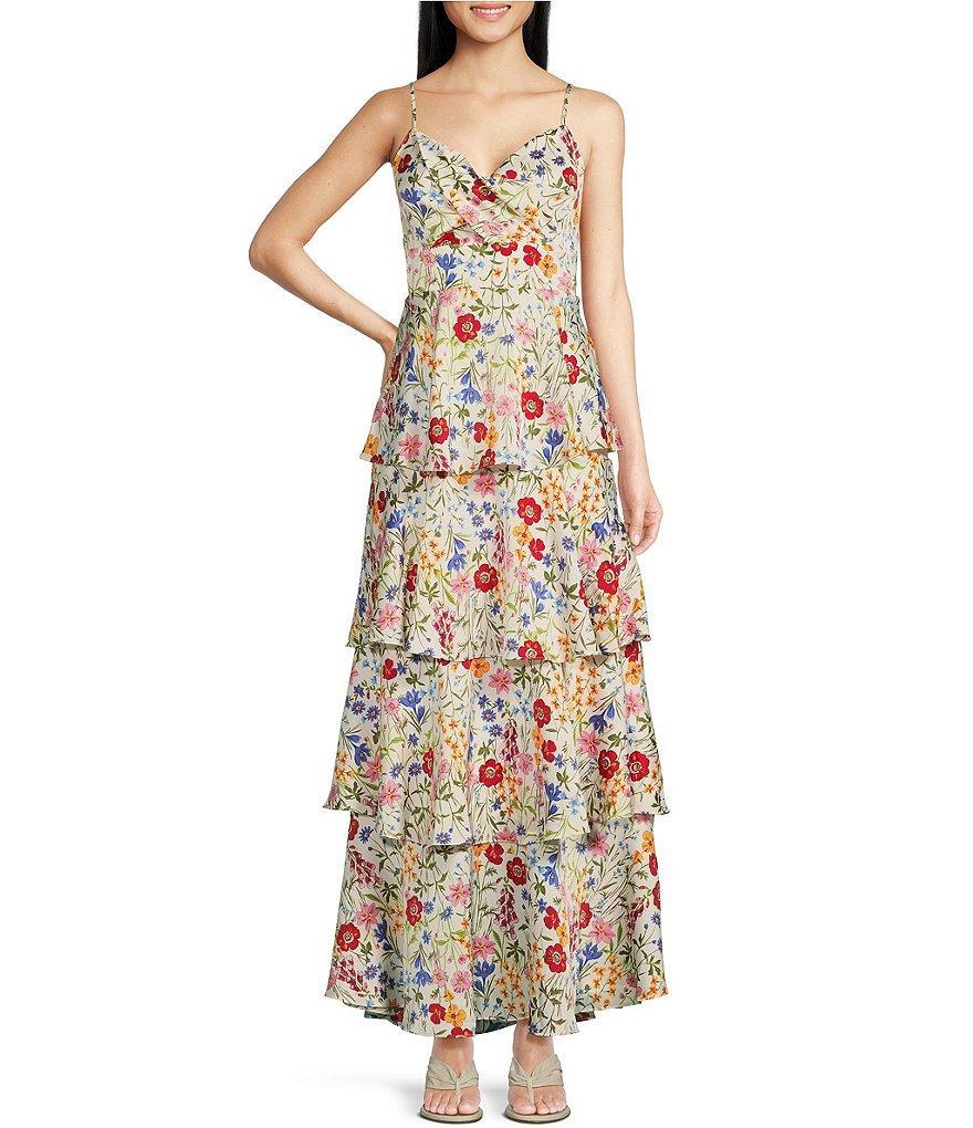 Skies Are Blue Floral Print Sweethart Neck Sleeveless Tiered Maxi Dress Product Image