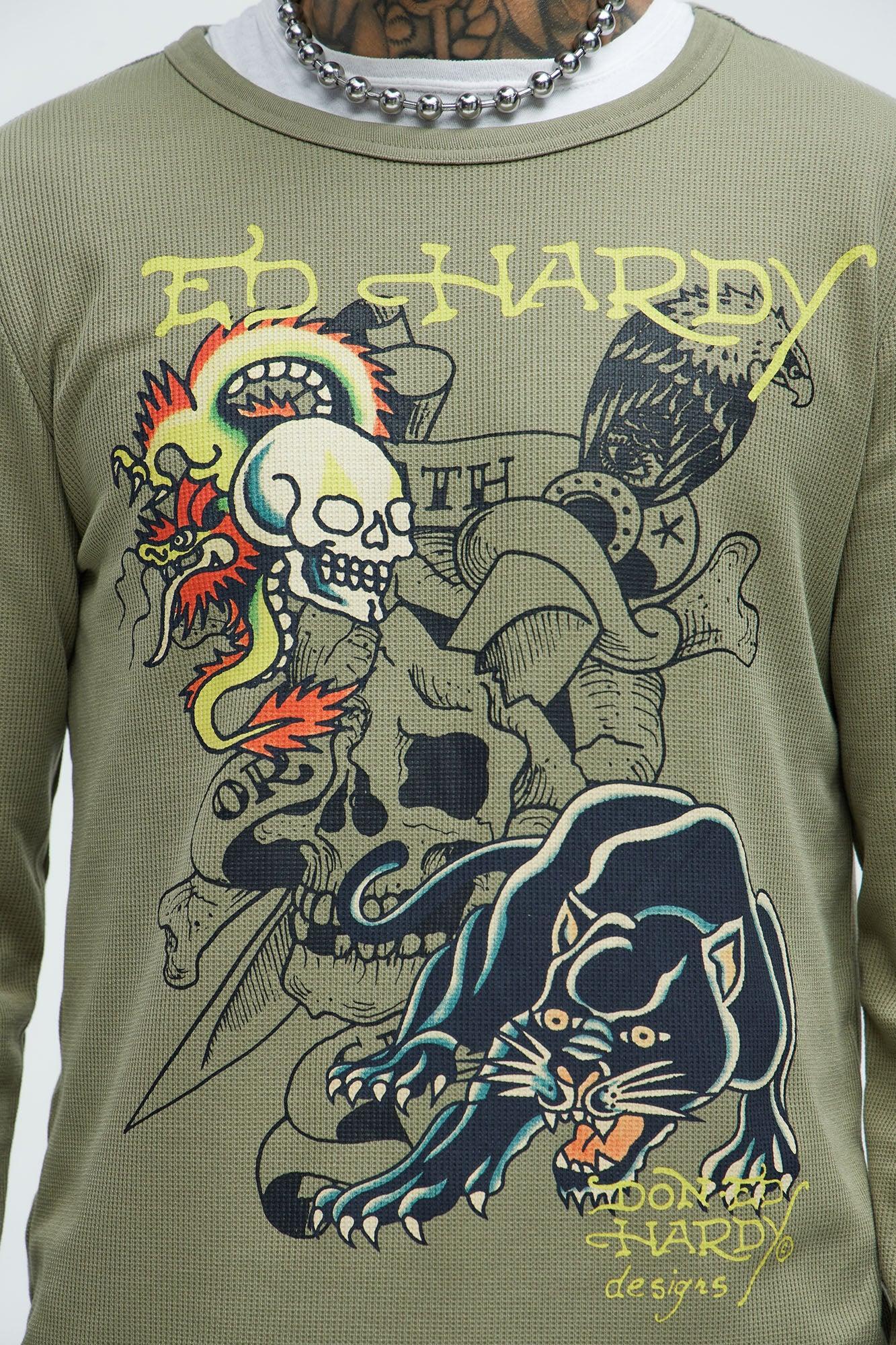 Ed Hardy Panther Thermal Long Sleeve Tee - Olive Product Image