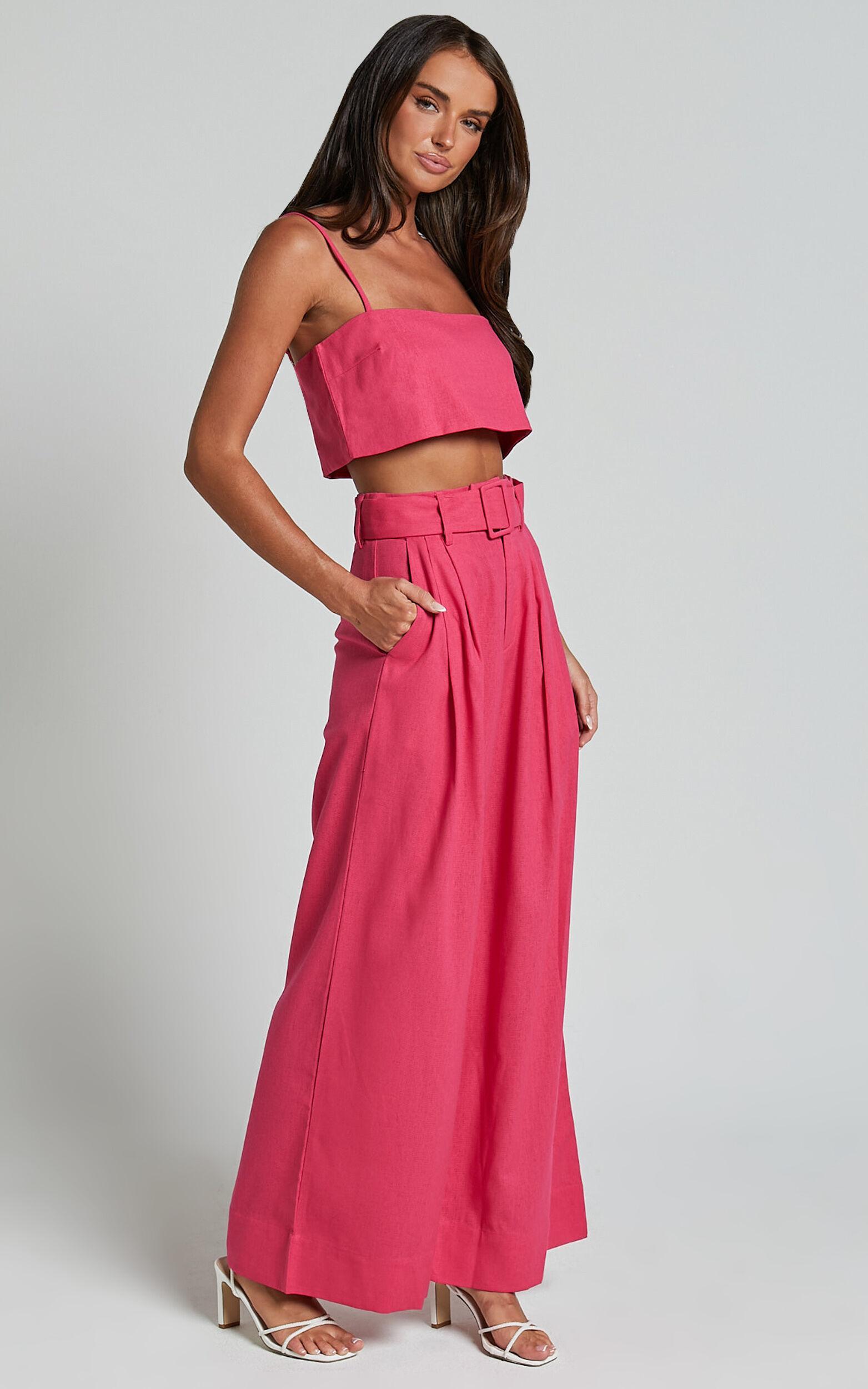 Thelma Two Piece Set - Linen Look Bandeau Crop Top and Belted Wide Leg Pants Set in Hot Pink Product Image