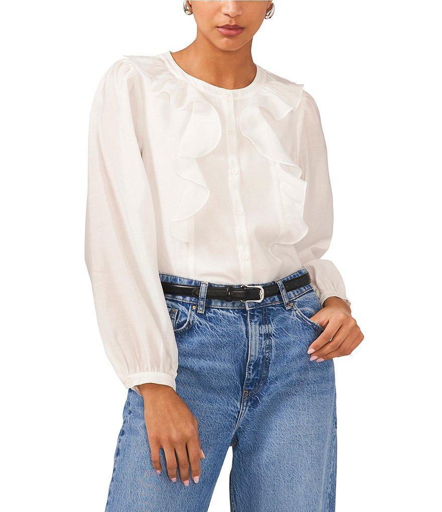 1. STATE Crew Neck Long Cuffed Sleeve Button Front Ruffle Organdy Blouse Product Image