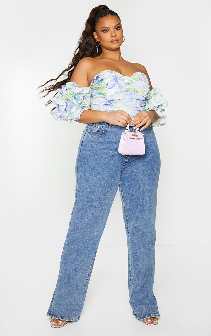 Plus White Floral Ruffle Puff Sleeve Bardot Crop Top Product Image