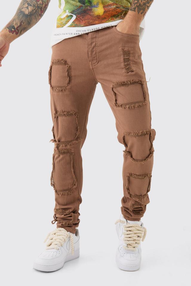 Skinny Stretch Distressed Rip & Repair Jeans In Stone Wash | boohooMAN USA Product Image