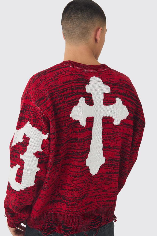 Boxy Distressed Hem Cross Graphic Knitted Sweater | boohooMAN USA Product Image