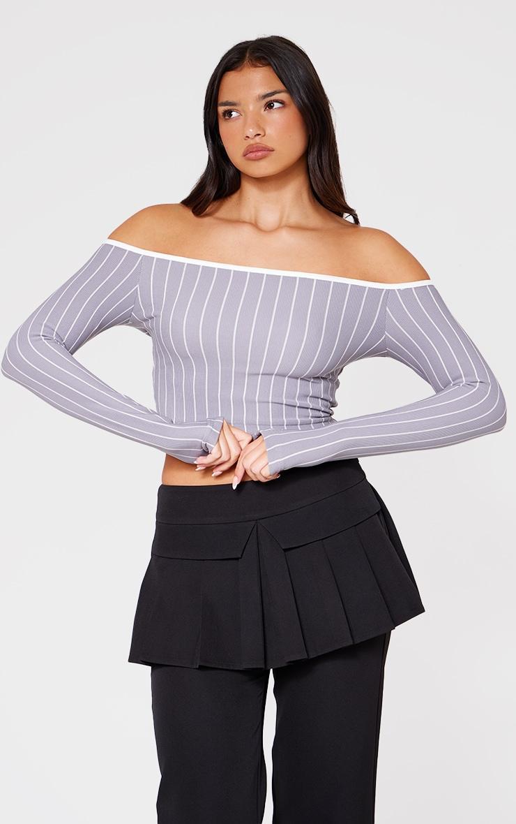 Grey Contrast Detail Pinstripe Bardot Long Sleeve Top Product Image