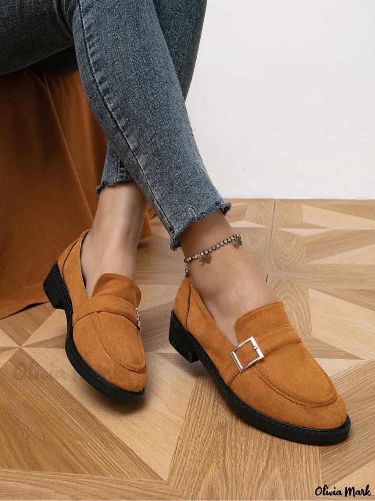 Olivia Mark – Classy Buckled Block Heel Faux Suede Loafers for Women Product Image