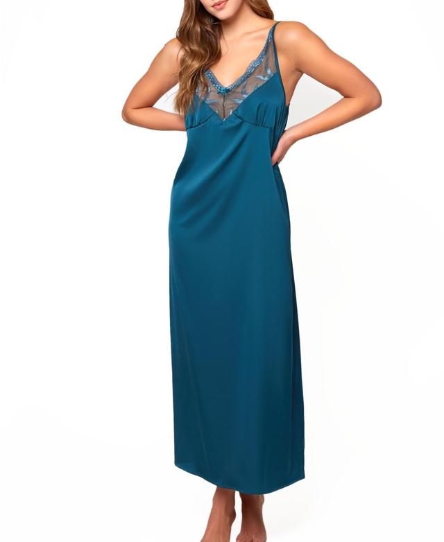 Icollection Women's Marguerite Soft Cup Stretch Satin Long Gown With Deep V Elegantly Embroidered Mesh Neckline. Relaxed Fit With Adjustable Straps Product Image