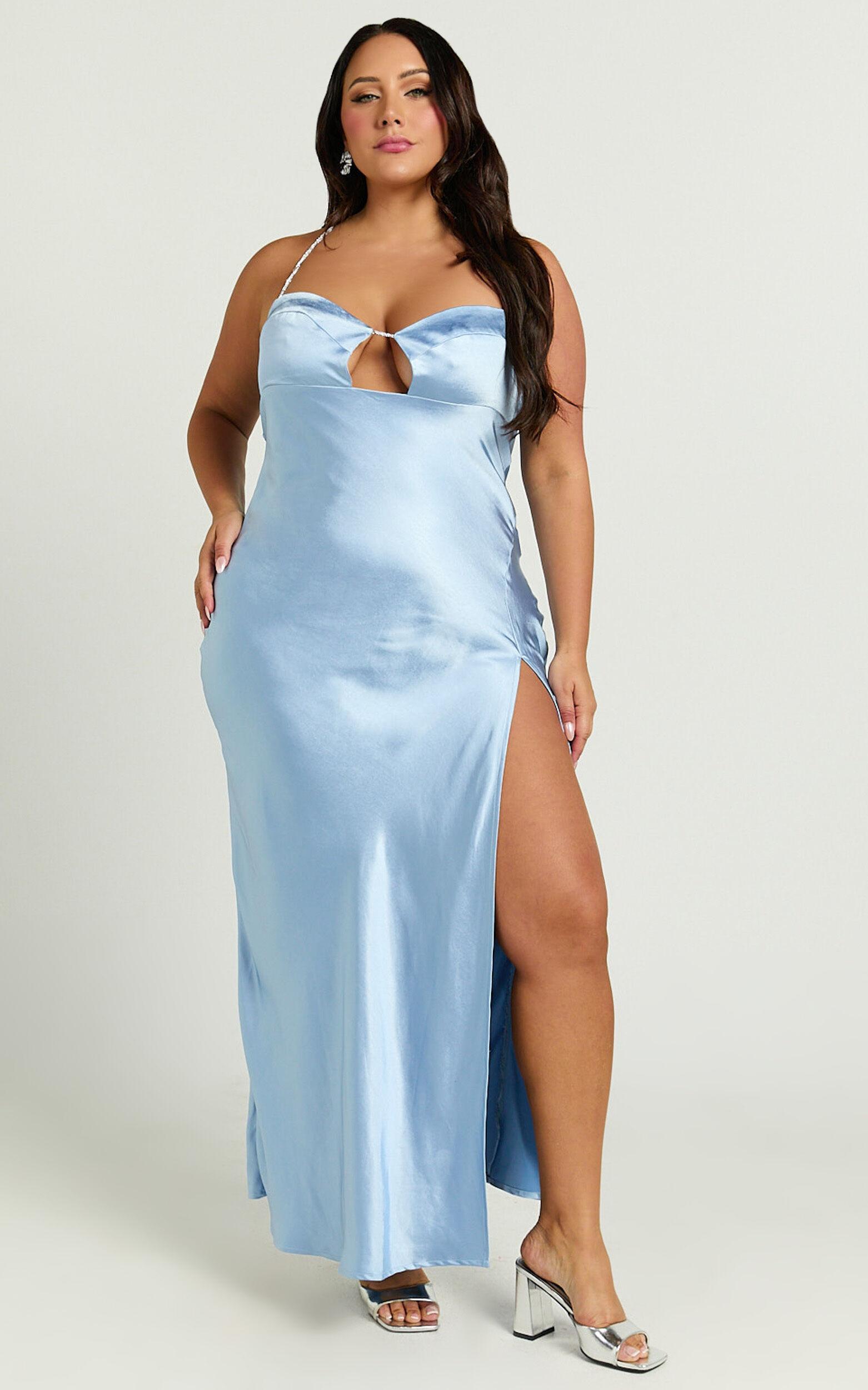 Abby Maxi Dress - Bias Cut Diamante Trim Dress in Dove Blue Product Image