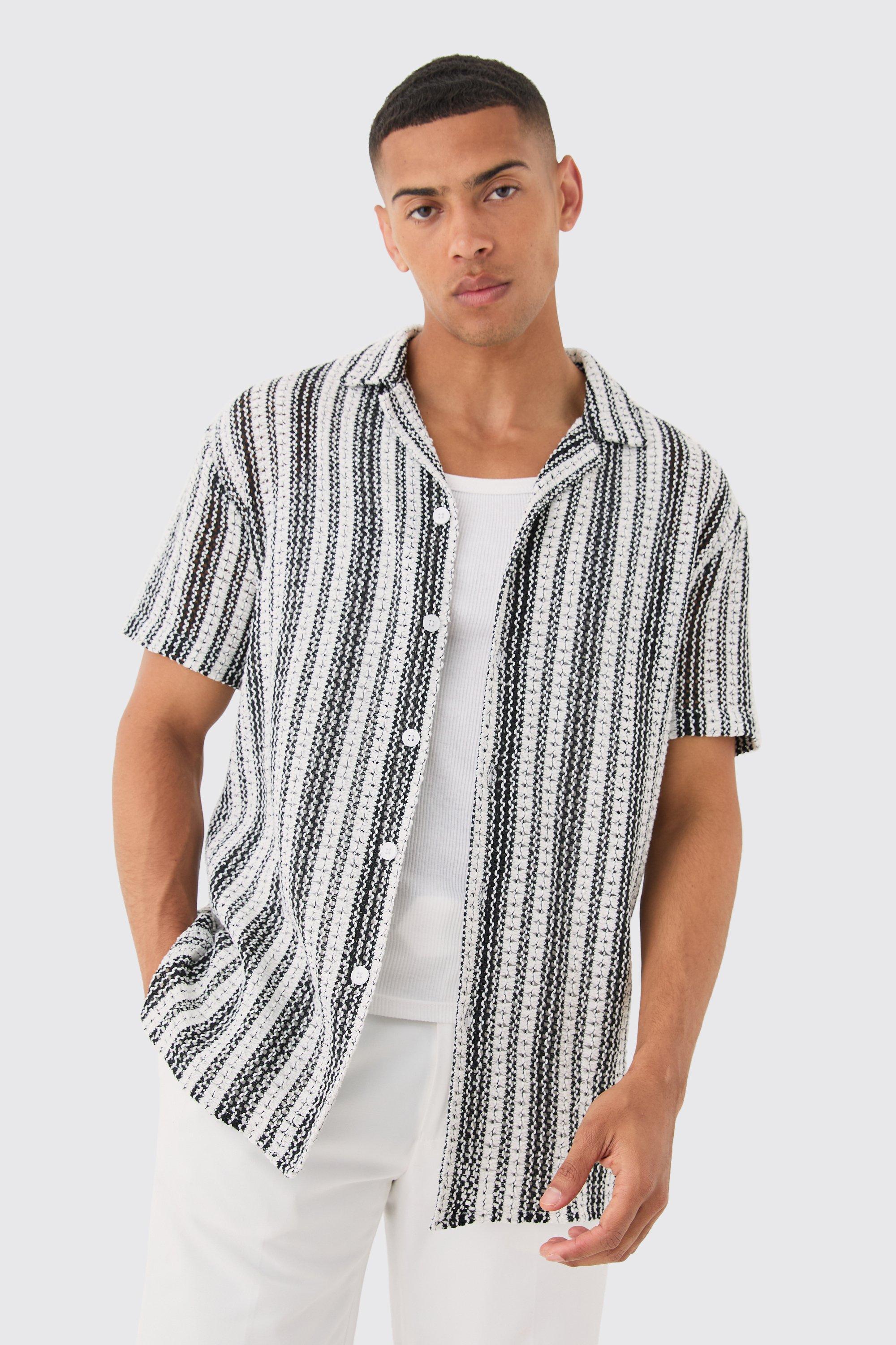 Short Sleeve Revere Oversized Open Knit Stripe Shirt | boohooMAN USA Product Image