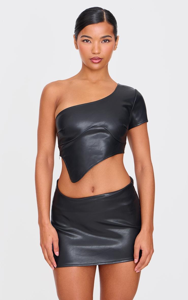 Black Faux Leather One Shoulder Asymmetric Crop Top product image