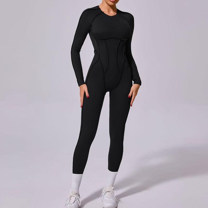 Long-Sleeve Plain Inside Out Seam Sports Jumpsuit Product Image