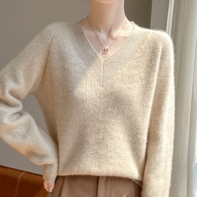 V-Neck Plain Ribbed Knitted Oversized Sweater product image