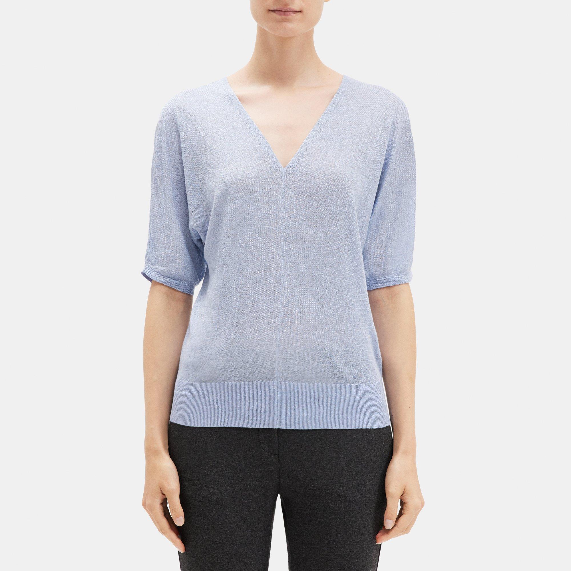 Knit Linen V-Neck Short-Sleeve Sweater | Theory Outlet Product Image