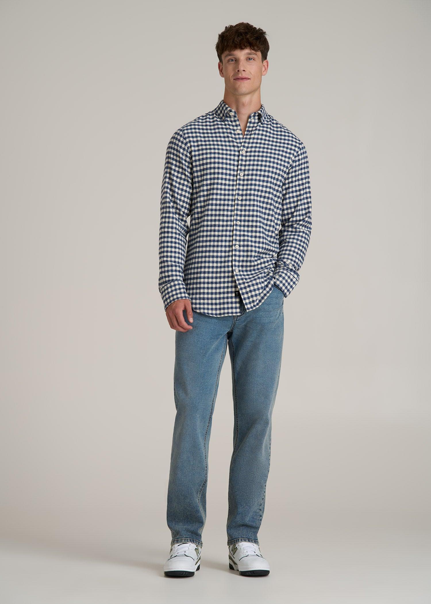 Midweight Brushed Flannel Button Shirt for Tall Men in Blue and Ecru Gingham Male Product Image